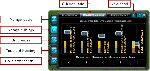 Game actions control panel