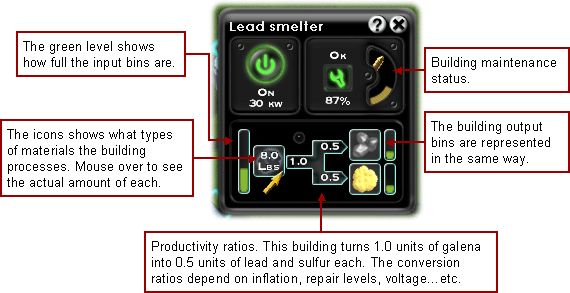 Factory building control panel and stats