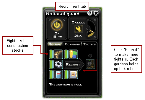 Garrison control panel, fighter recruitment